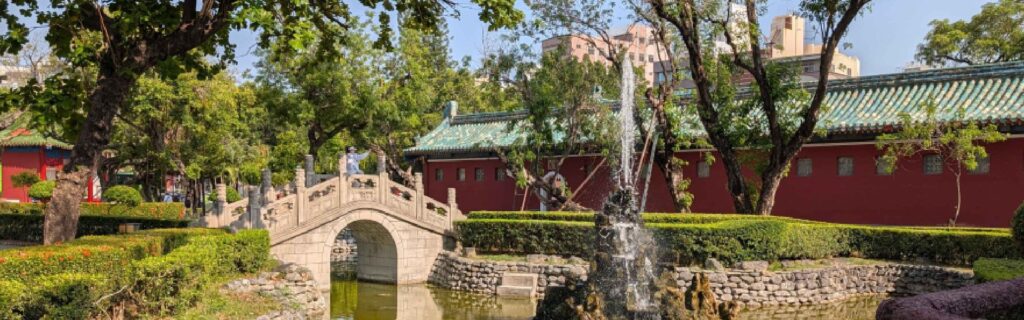 Stone bridge and fountain in Tainan heritage garden