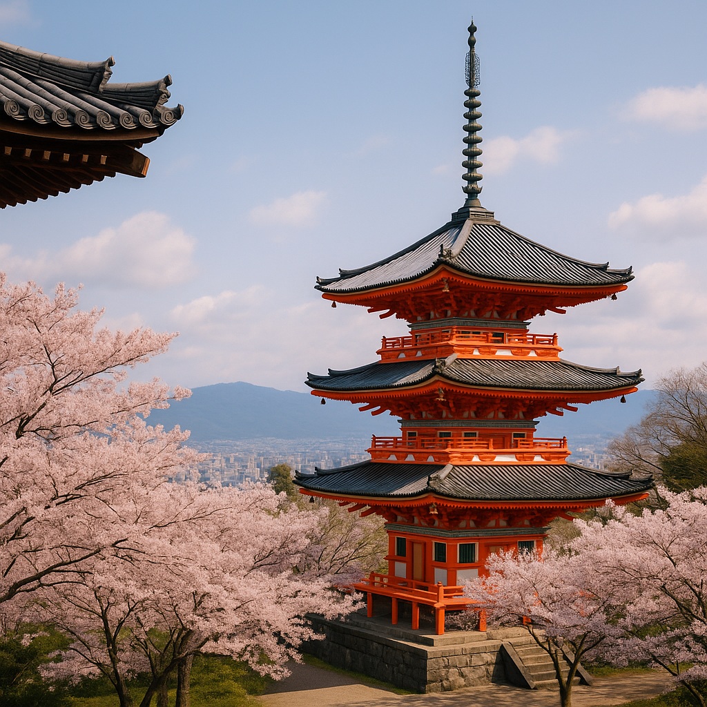 ed Japanese pagoda surrounded by cherry blossoms with mountains in the background