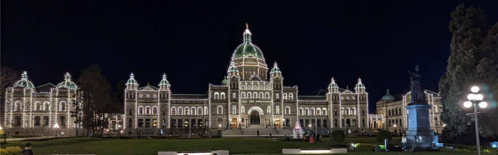 The Parliament Buildings illuminated with white lights at night