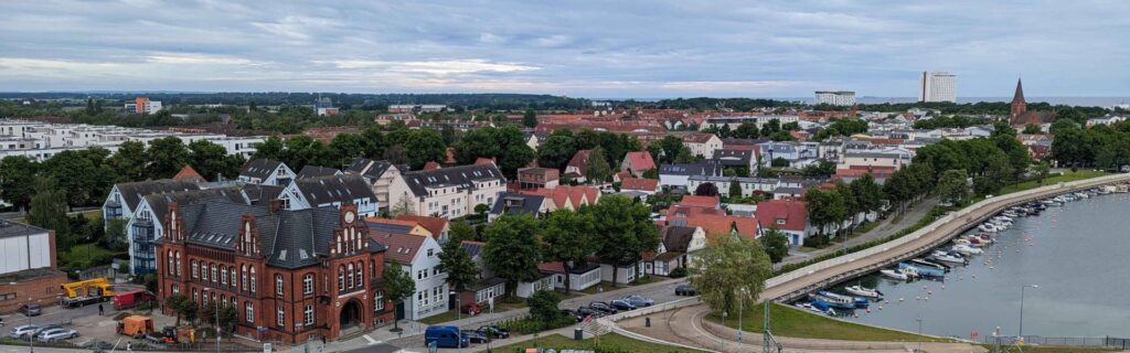 Panoramic view of Warnemünde town and marina