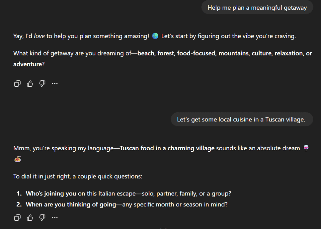 ChatGPT conversation with WANDA discussing trip ideas for a meaningful getaway