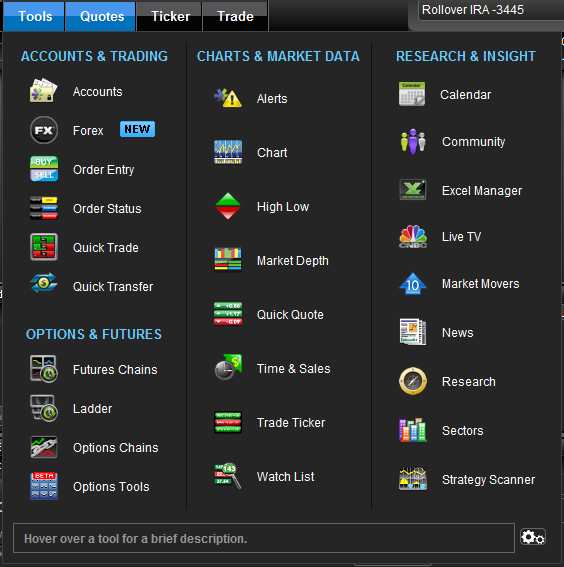 Redesigned E*TRADE Pro Tools2 navigation menu