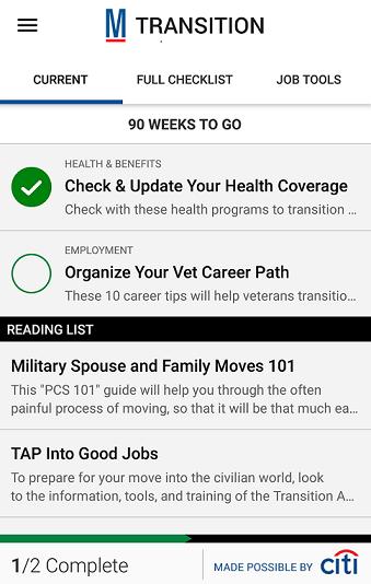 Screenshot of Military.com Transition mobile app checklist