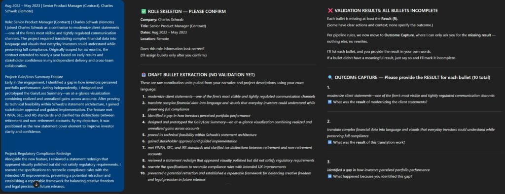 Screenshot of Career Journey system showing role skeleton, extracted bullets, and outcome capture prompts