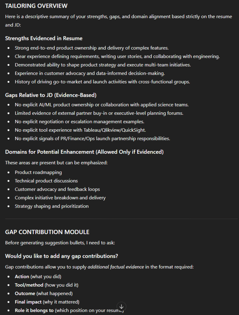 Screenshot of tailoring overview highlighting strengths, gaps, and enhancement domains
