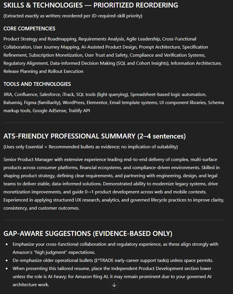 Screenshot of skills and technologies reorder followed by a professional summary and gap-aware suggestions