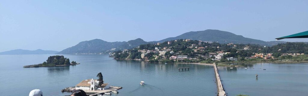 Mouse Island and narrow causeway at Kanoni Harbour in Corfu