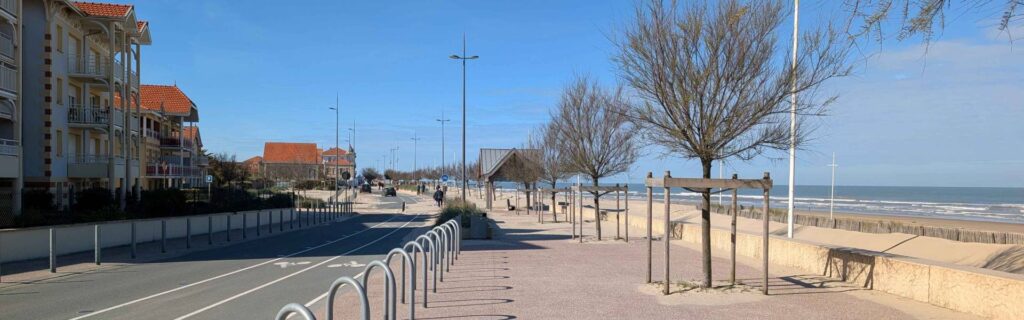 Seaside promenade with bike path dunes and ocean views