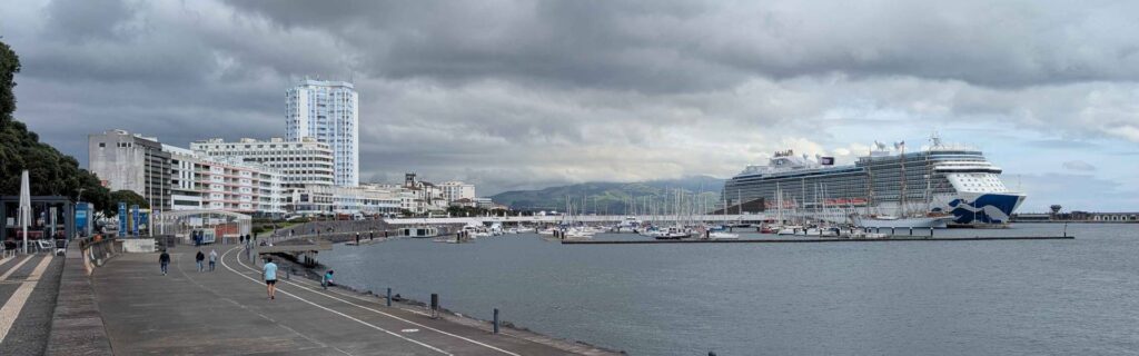 Panoramic view of Ponta Delgada harbor and cruise ship