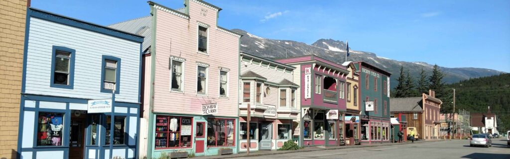 Colorful historic buildings lining the main street in Skagway