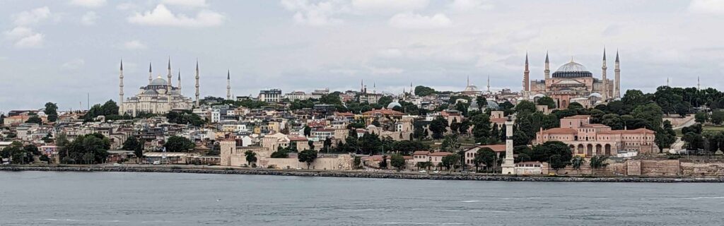 Istanbul skyline with Blue Mosque and Hagia Sophia across the Bosphorus