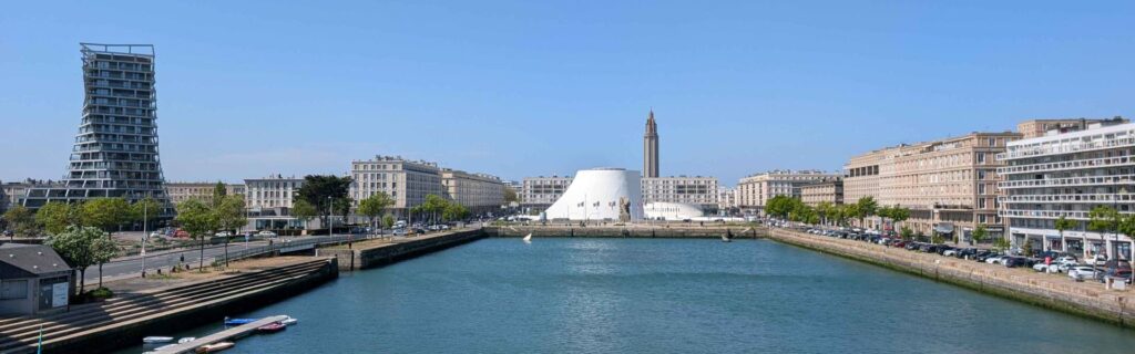 Le Havre harbor panorama with Le Volcan Scène nationale du Havre and surrounding rebuilt cityscape
