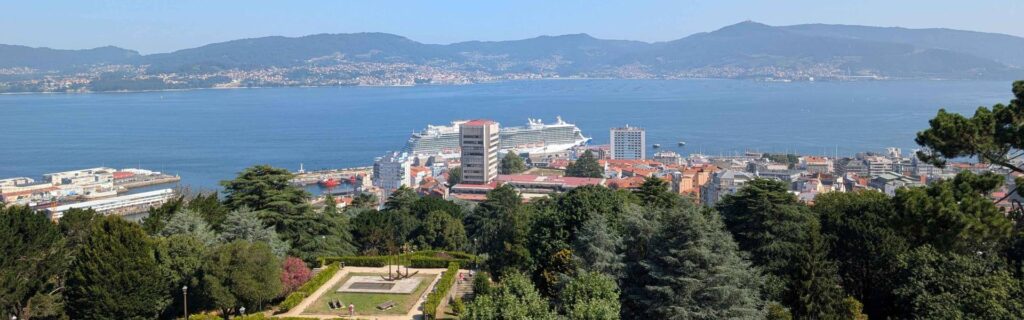 Panoramic view of Vigo city and cruise ship from Castelo do Castro