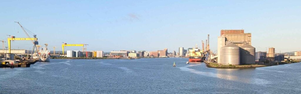 Harland and Wolff cranes Samson and Goliath overlooking Belfast Harbour and the Titanic Quarter in morning light